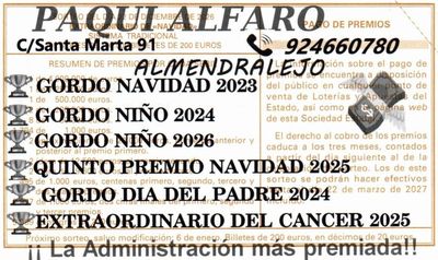 Reverso del d&eacute;cimo 80278 con el sello de la Administraci&oacute;n &laquo;Paqui Alfaro&raquo;, en Almendralejo